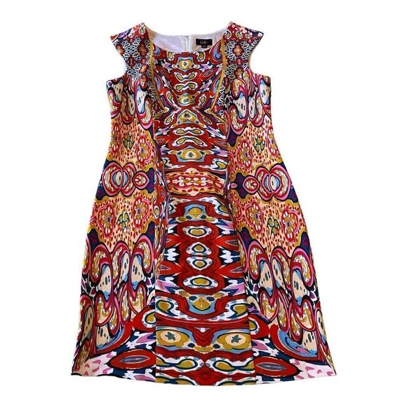 ILE New York Dress Size 8 Red Pink Blue Graphic Cap Sleeve Stretch - Picture 3 of 9
